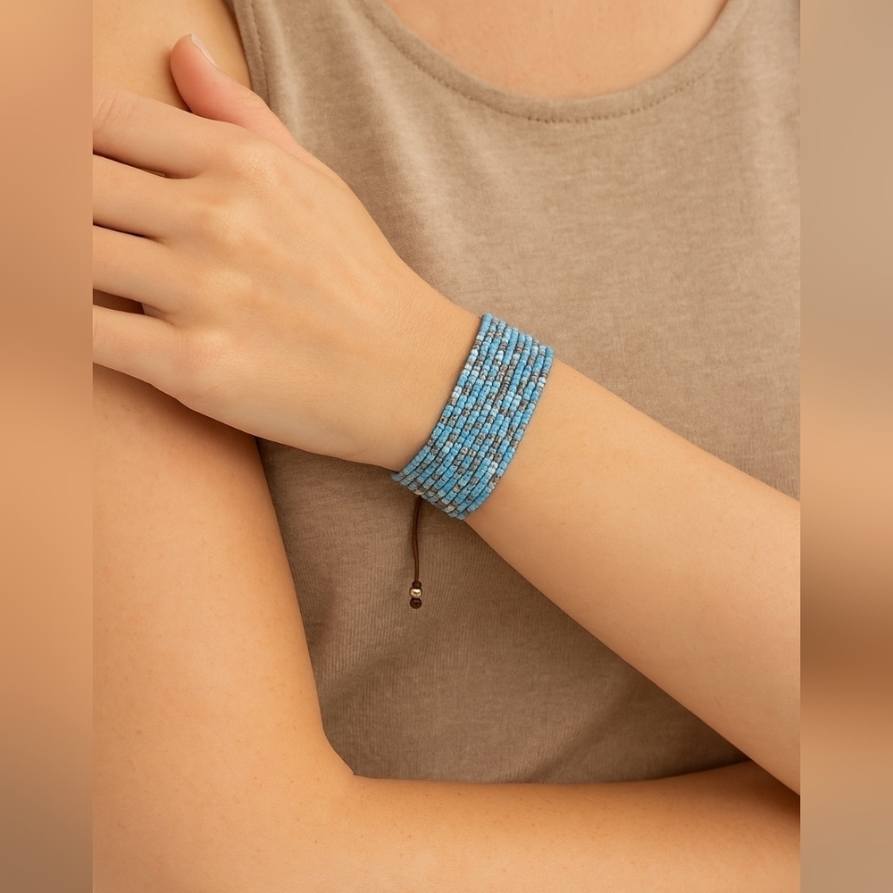 Marlyn Schiff Blue Brown Multi Row Beaded Bracelet